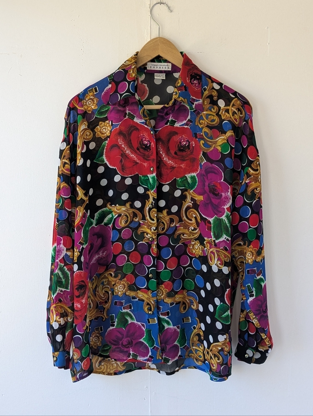 Vintage Oversized Sheer Floral & Polka Dot Button-Up Blouse Gold Buttons